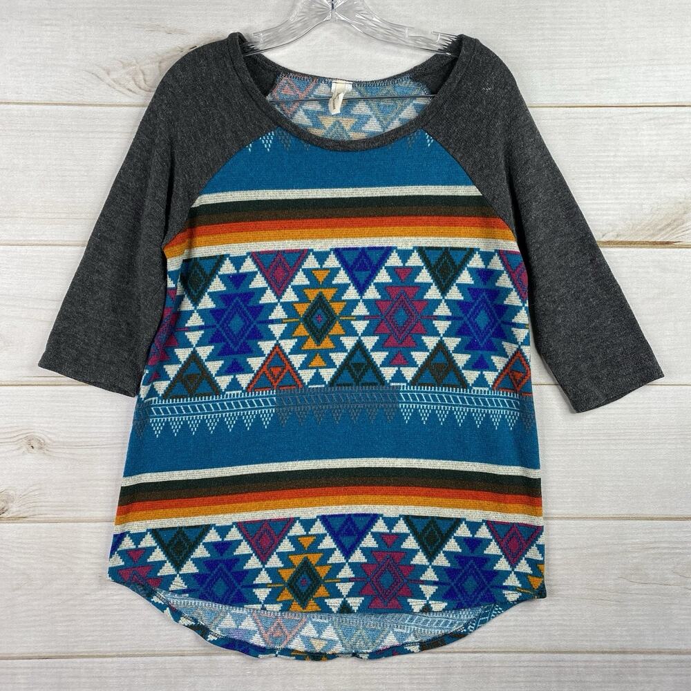 Now N Forever Top Womens L Aztec Southwestern Knit 3/4 Sleeve Fleece Soft Boho